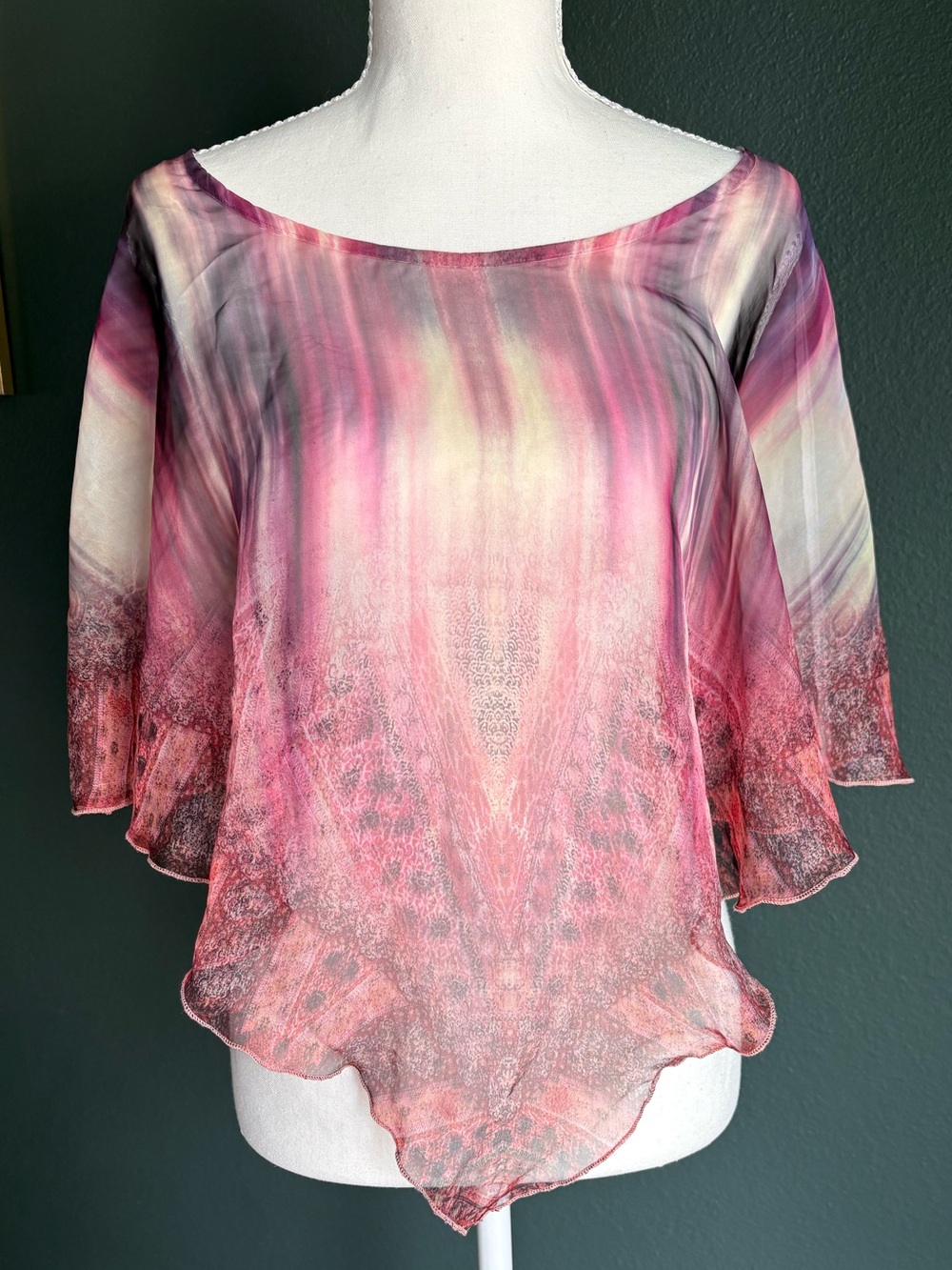 Live and Let Live Petite Sheer Handkerchief Hem Blouse Pink Watercolor PS